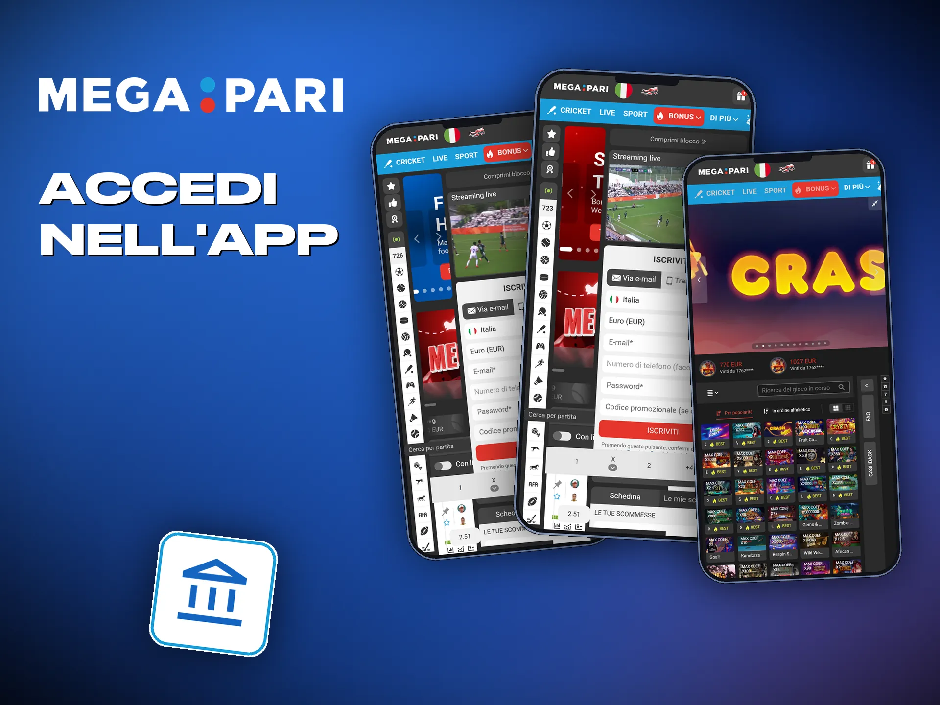 Accesso all'app Megapari con e-mail o numero di telefono