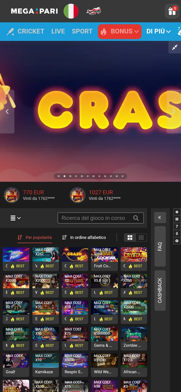 Scorrere i giochi del casinò nell'app Megapari