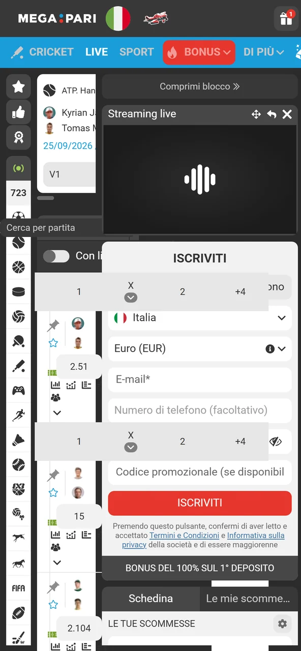 Cercare le partite dal vivo su Megapari