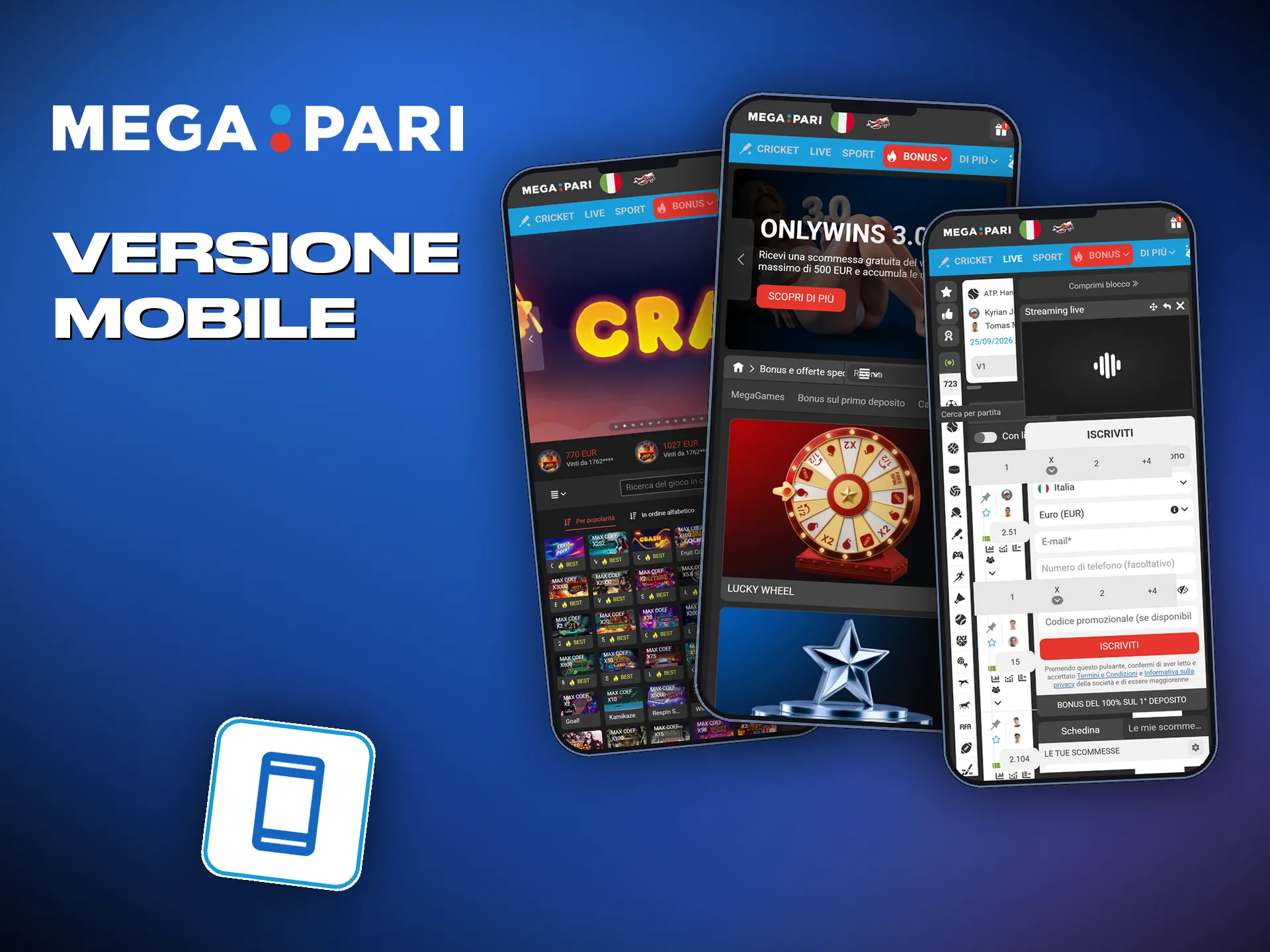 Il sito mobile di Megapari funziona allo stesso modo su iOS e Android