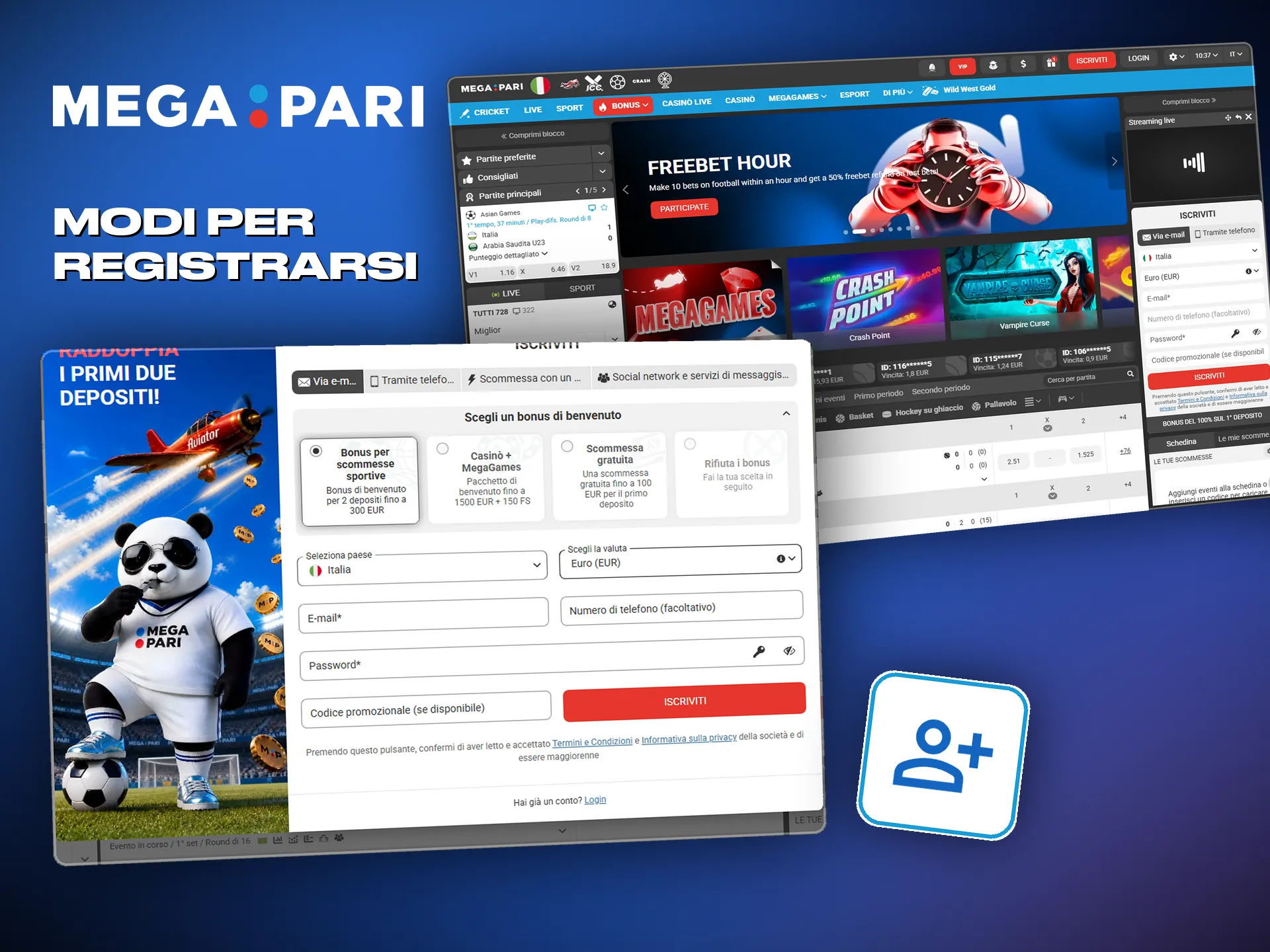 Registrazione su Megapari con telefono, e-mail, account o in un passo